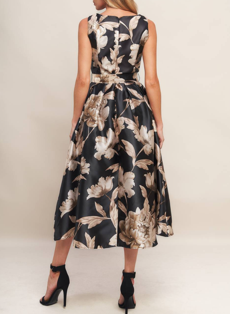 Printed Woven Midi Dress with Self-Belt