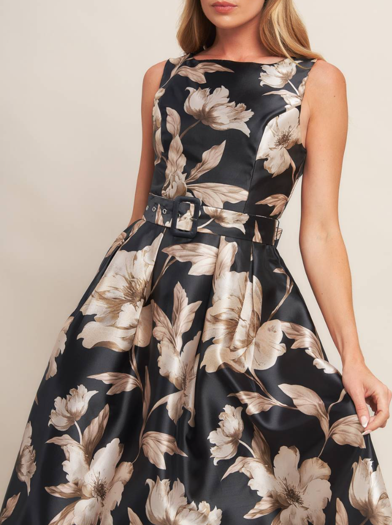 Printed Woven Midi Dress with Self-Belt