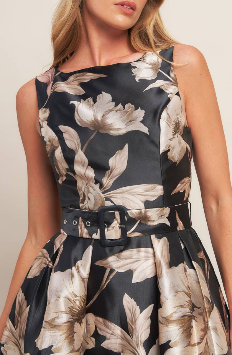 Printed Woven Midi Dress with Self-Belt