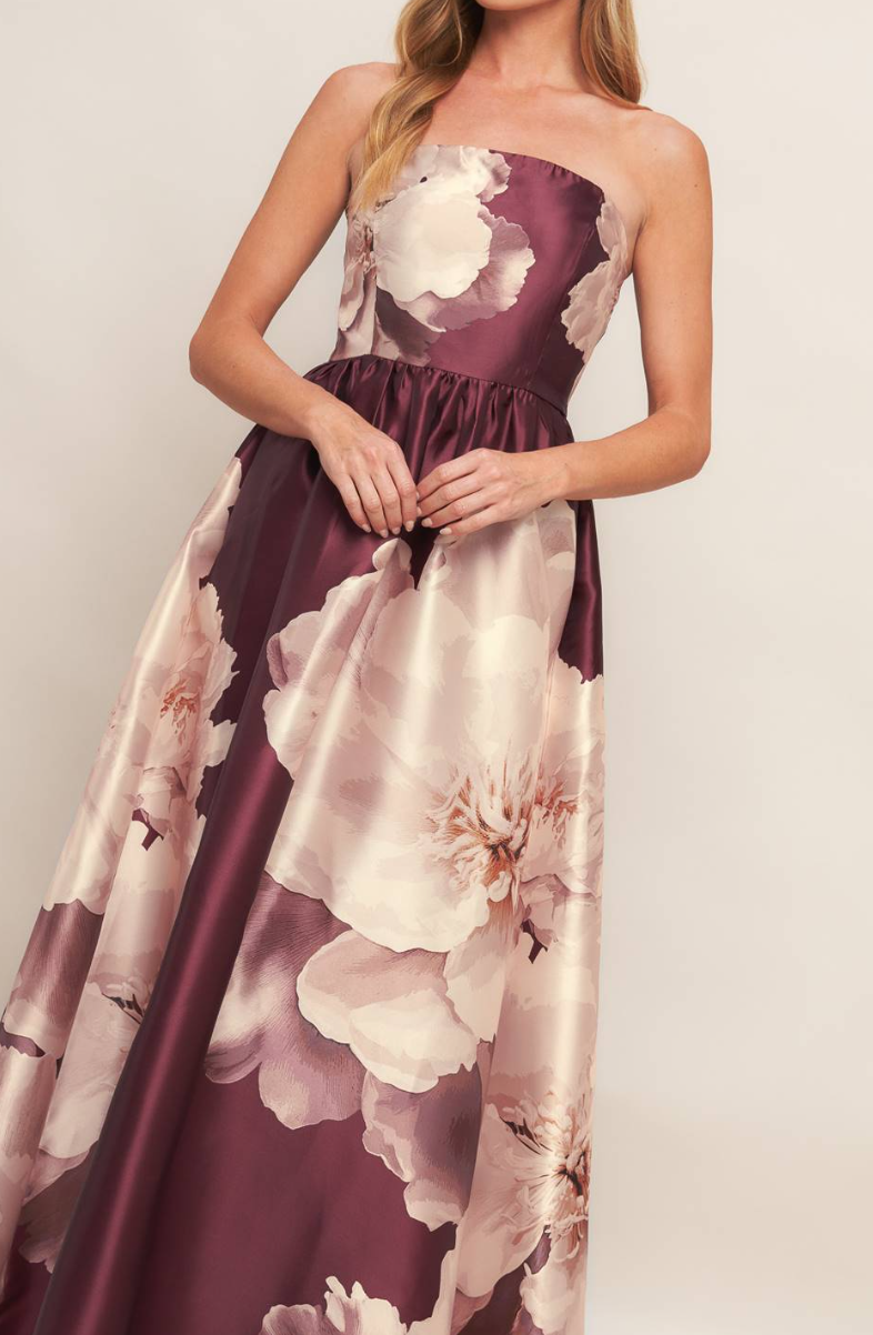 burgundy floral maxi dress Printed Woven – Azure & Lavender Color:Oak V Neckline YCRF_suits Aurora Strapless Pu Leather