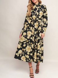 Floral Printed Long Sleeve Button Down Midi Dress