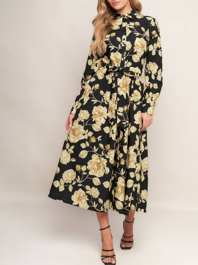 Floral Printed Long Sleeve Button Down Midi Dress