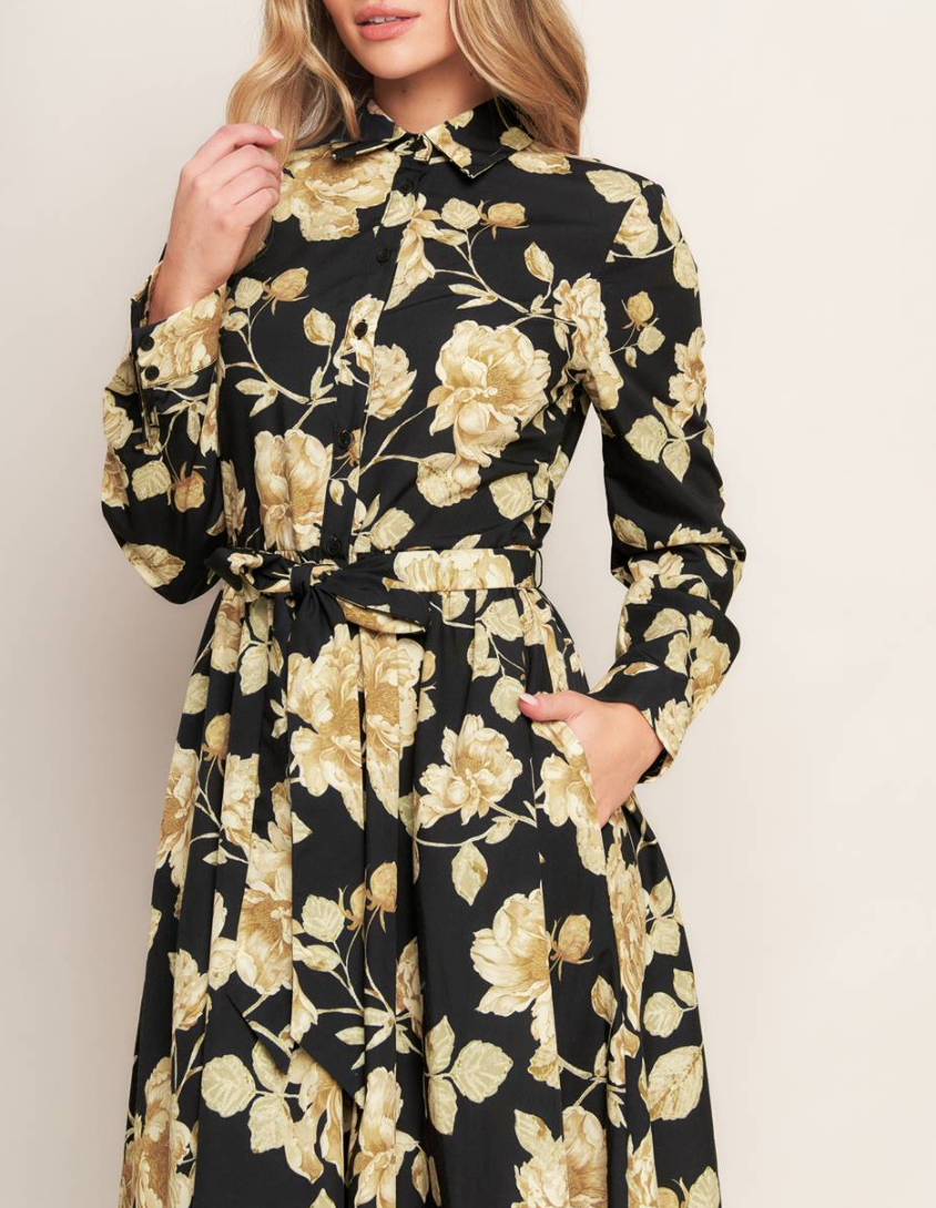 Floral Printed Long Sleeve Button Down Midi Dress Small / Black Floral Printed Long Sleeve Button Down Midi Dress Small / Black