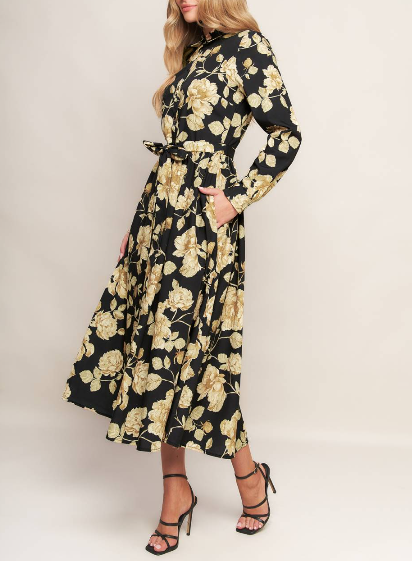 Floral Printed Long Sleeve Button Down Midi Dress Small / Black Floral Printed Long Sleeve Button Down Midi Dress Small / Black