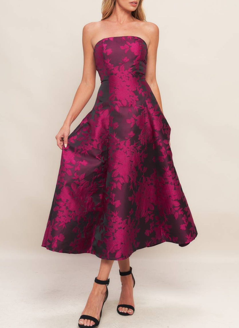 Strapless Jacquard Midi Dress