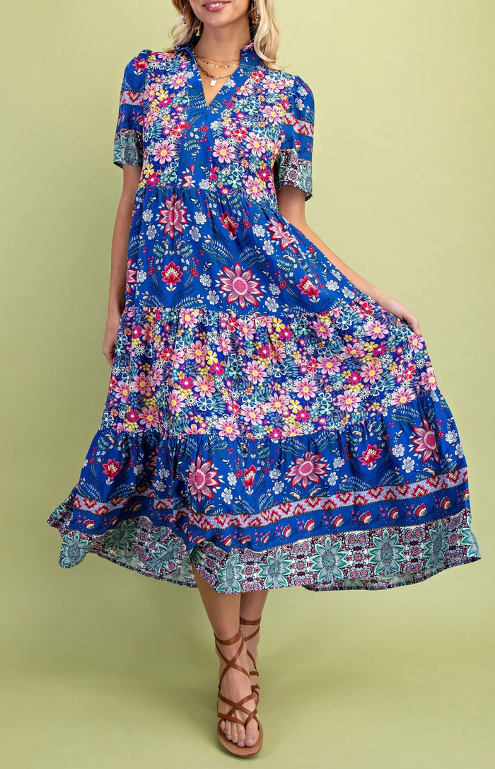 Mixed Print Tiered Midi Dress with Ruffle Neck