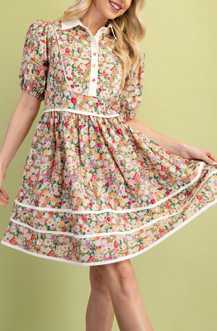 Floral Collared Half Button Mini Dress
