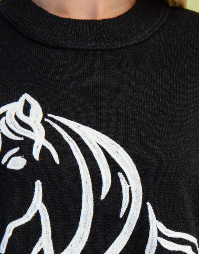 Horse Motif Sweater with Elbow Length Sleeves
