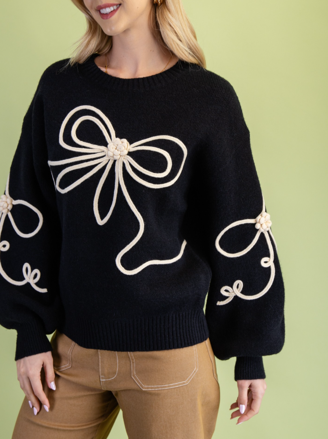 3D Bow Motif Long Sleeve Sweater