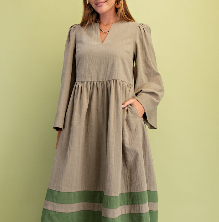V-Neck Bell Sleeve Midi Dress with a Color Blocked Skirt