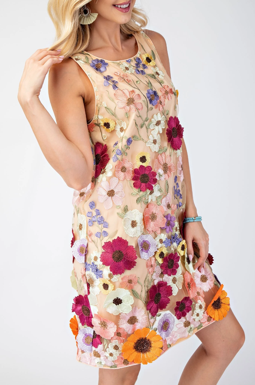 3D Floral Embroidered Sleeveless Mini Dress