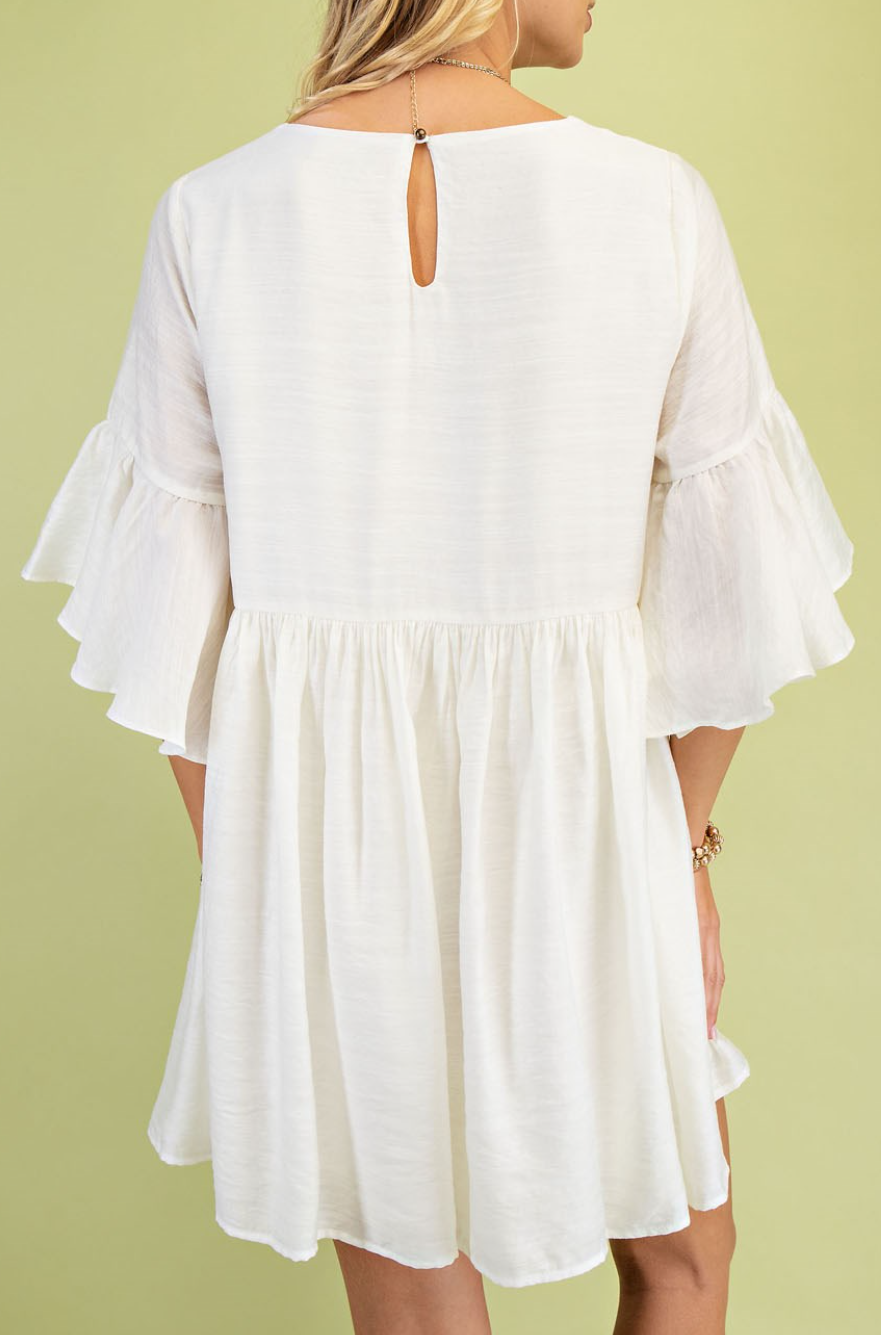 Babydoll Mini Dress with a 3/4 Flutter Sleeve and Front Embroidery Detail