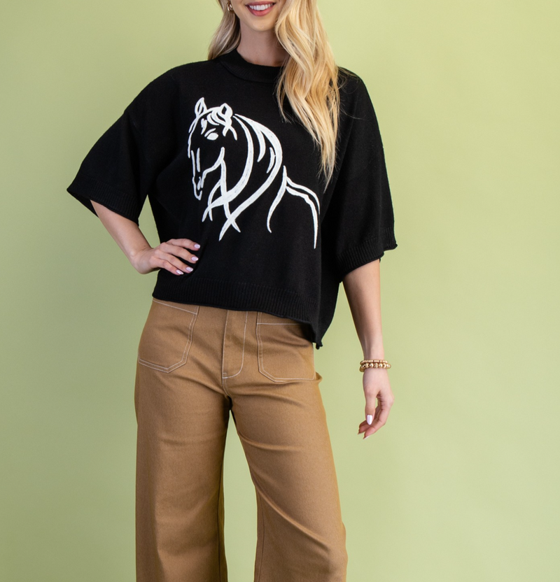Horse Motif Sweater with Elbow Length Sleeves
