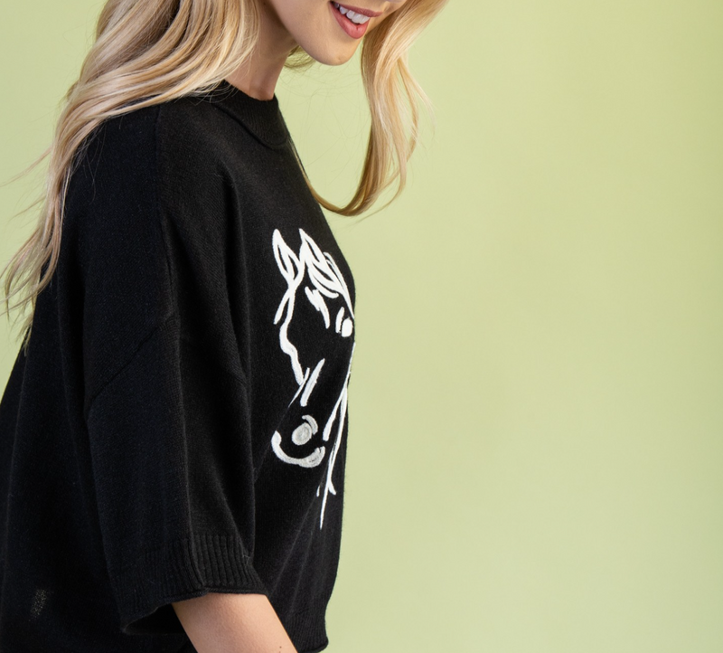 Horse Motif Sweater with Elbow Length Sleeves