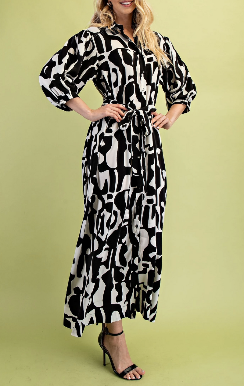 Geometric Print Button Down Shirt Dress with Waist Tie