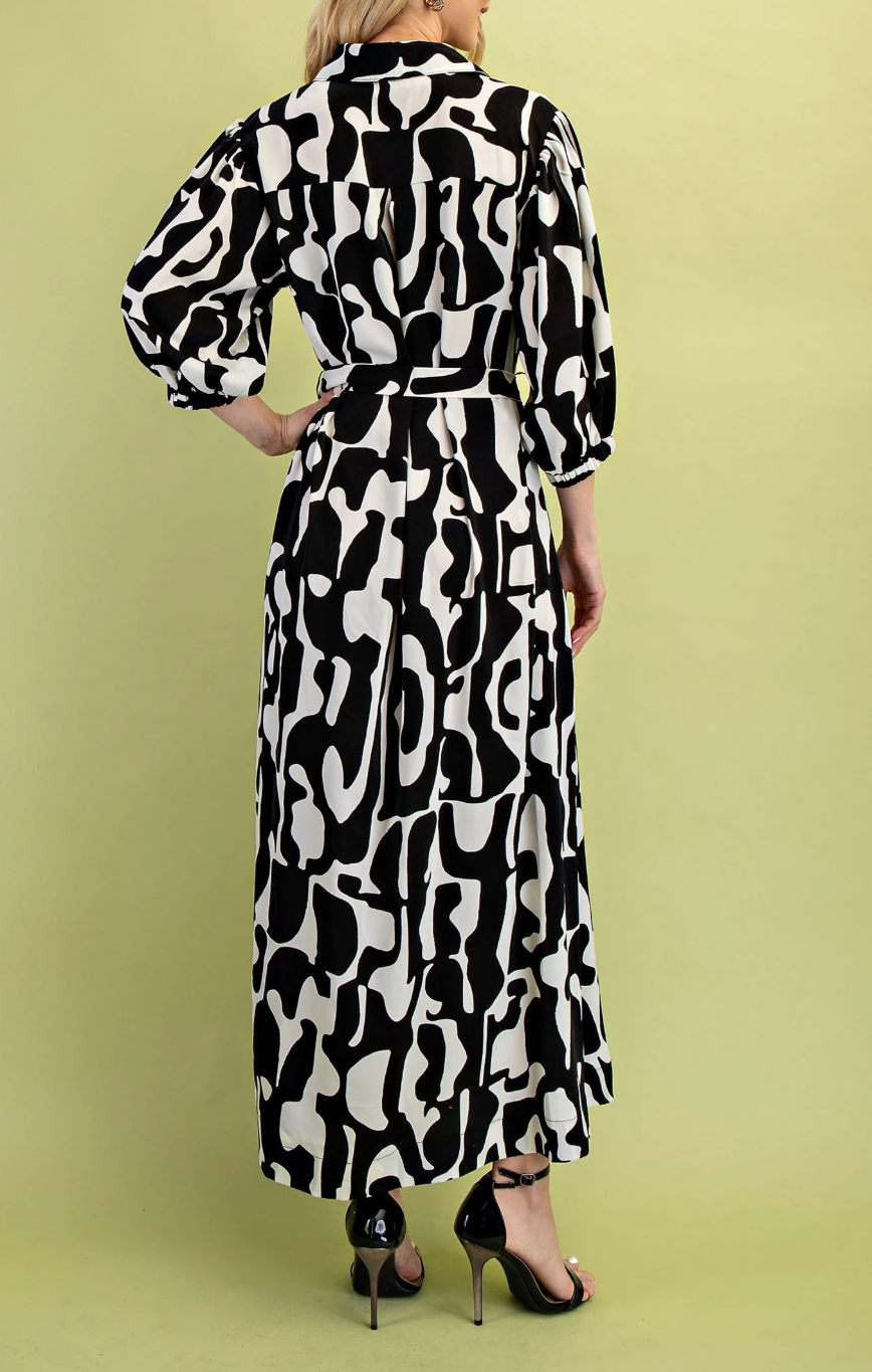 Geometric Print Button Down Shirt Dress with Waist Tie