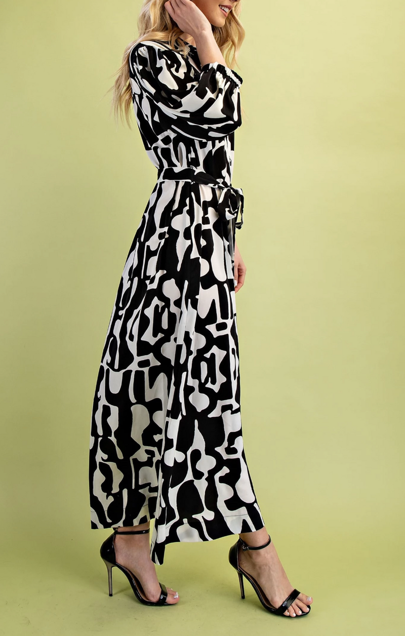 Geometric Print Button Down Shirt Dress with Waist Tie