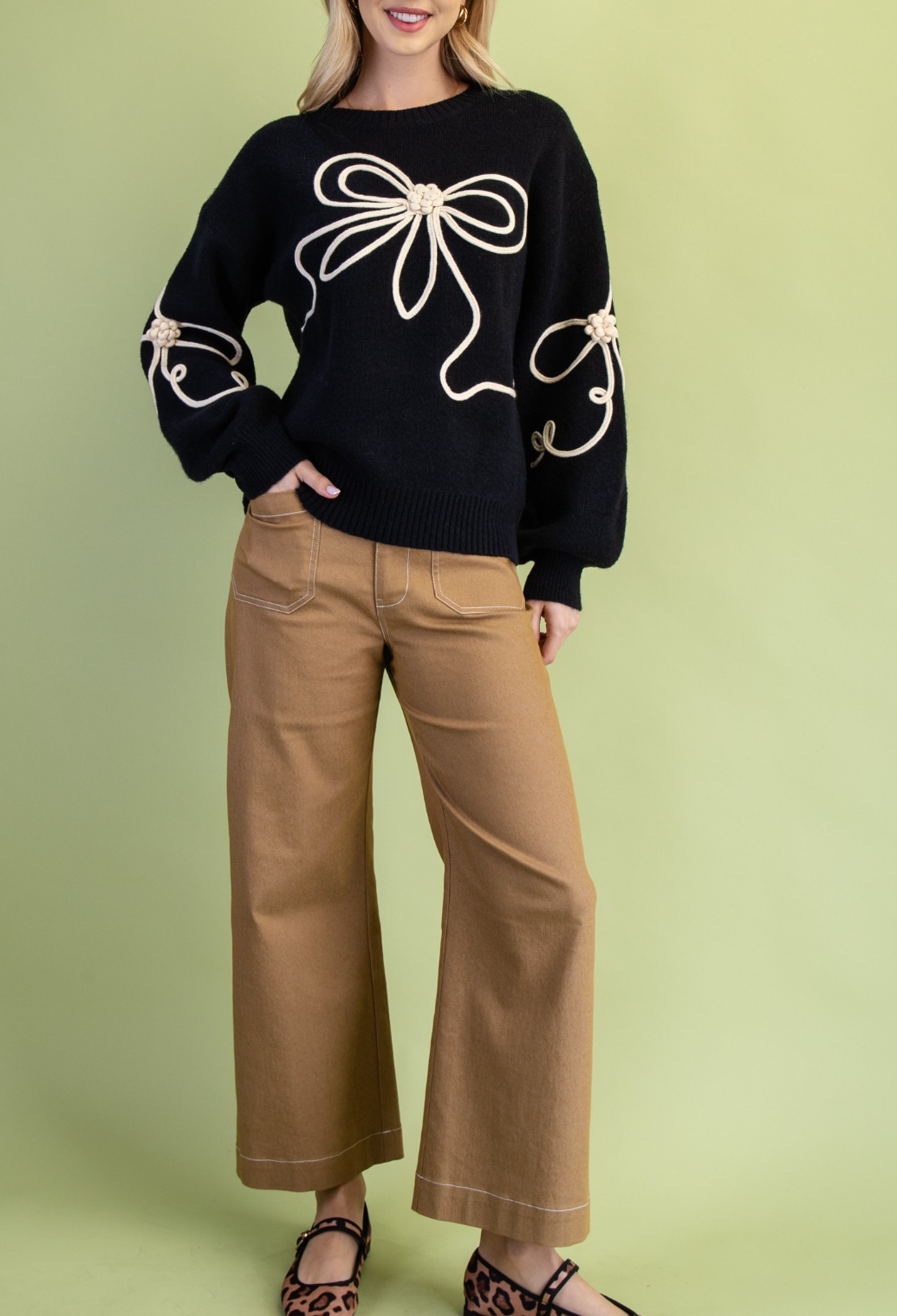 3D Bow Motif Long Sleeve Sweater