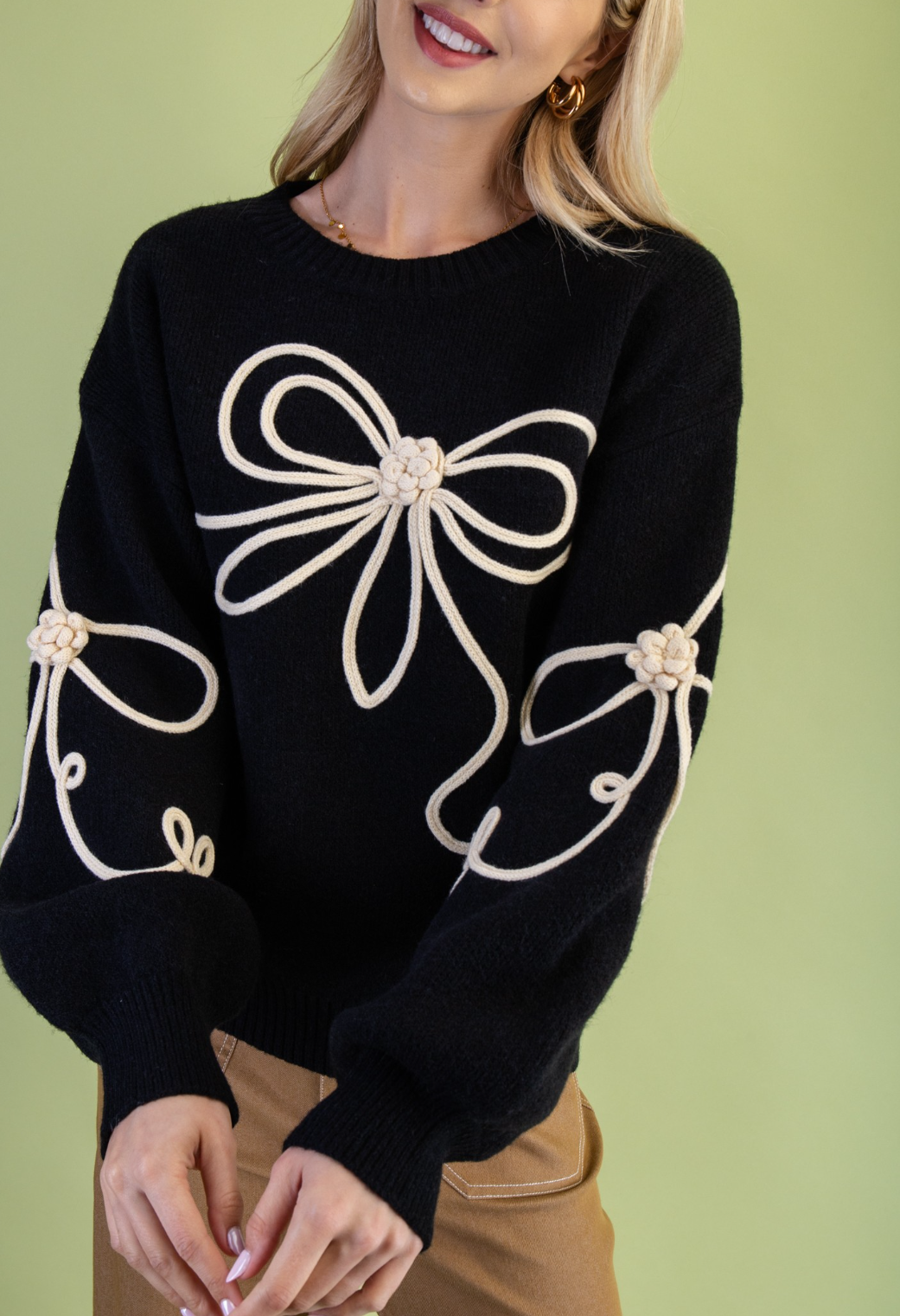 3D Bow Motif Long Sleeve Sweater