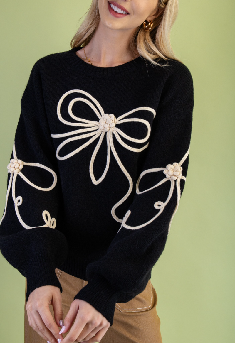 3D Bow Motif Long Sleeve Sweater