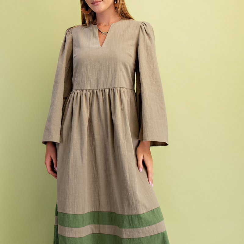 V-Neck Bell Sleeve Midi Dress with a Color Blocked Skirt