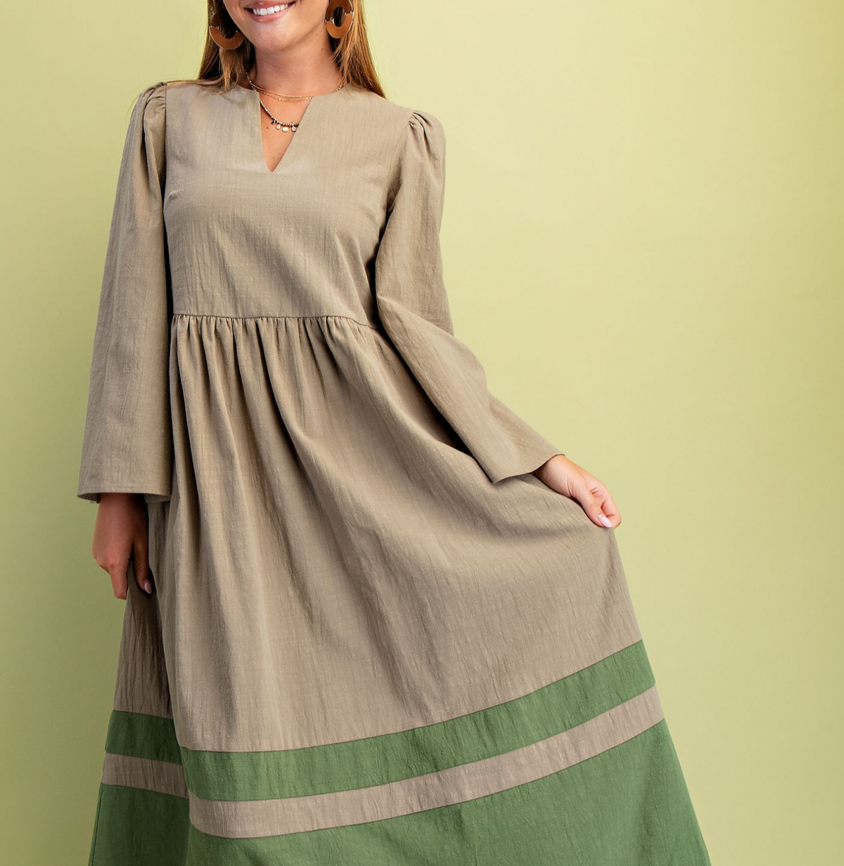 V-Neck Bell Sleeve Midi Dress with a Color Blocked Skirt