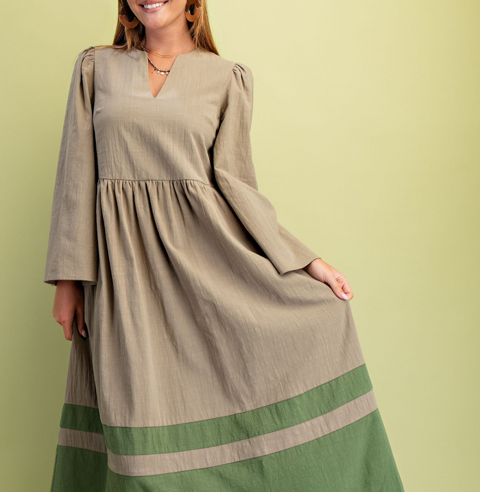 V-Neck Bell Sleeve Midi Dress with a Color Blocked Skirt
