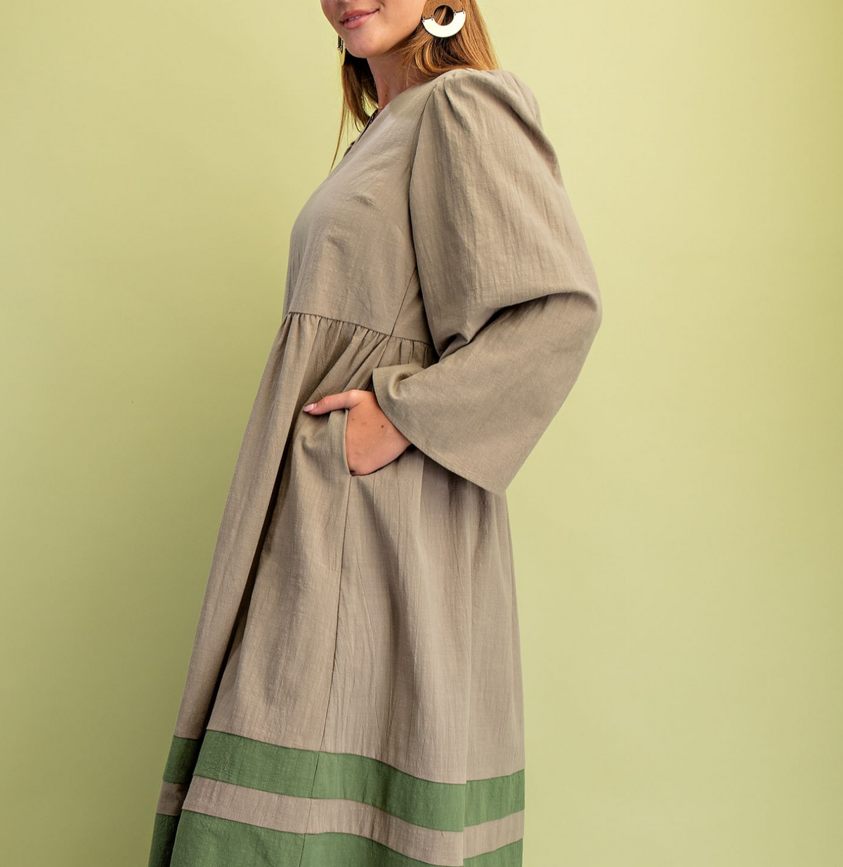 V-Neck Bell Sleeve Midi Dress with a Color Blocked Skirt