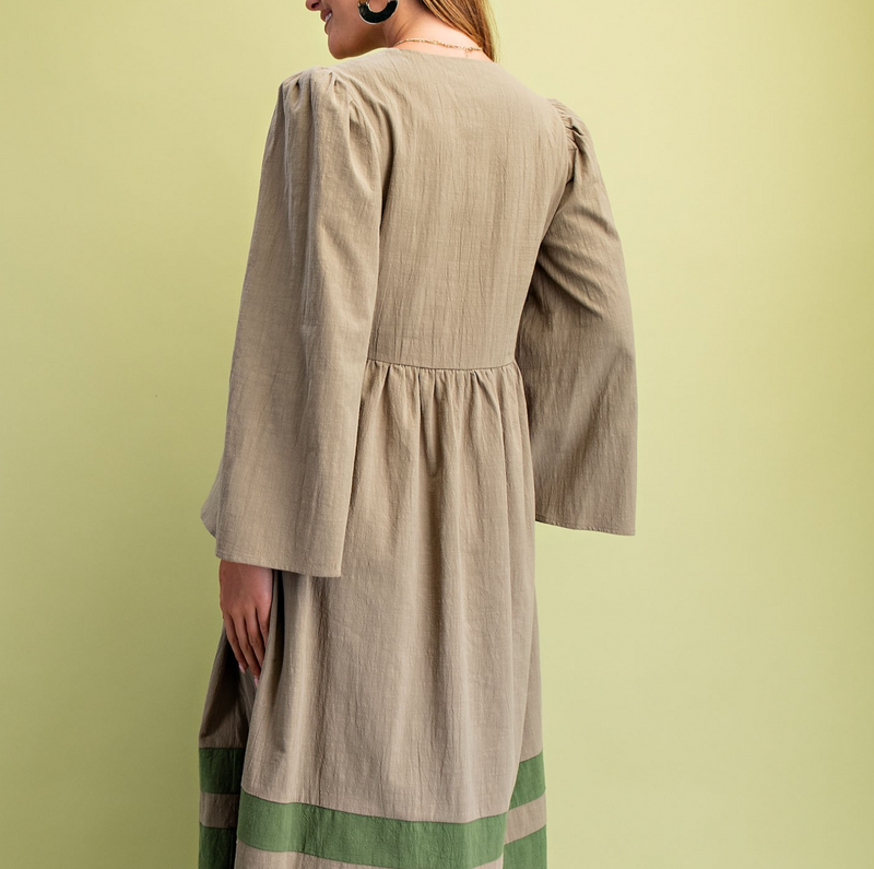 V-Neck Bell Sleeve Midi Dress with a Color Blocked Skirt