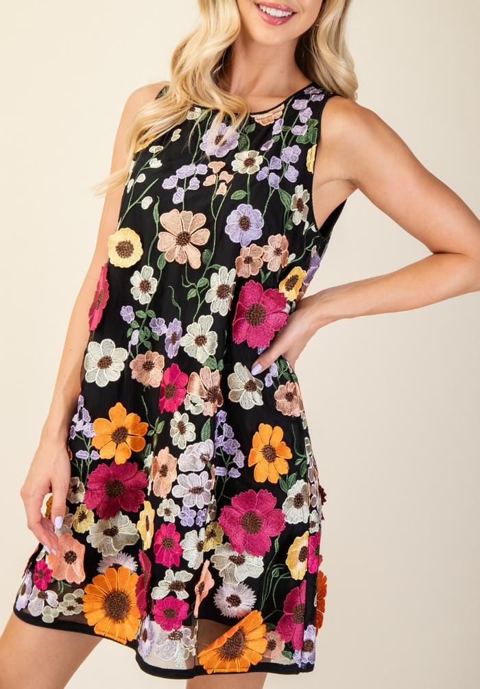 3D Floral Embroidered Sleeveless Mini Dress