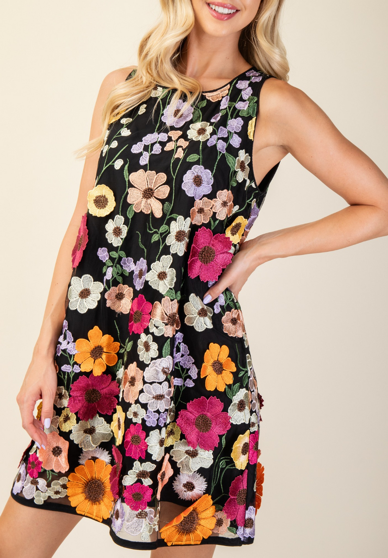 3D Floral Embroidered Sleeveless Mini Dress