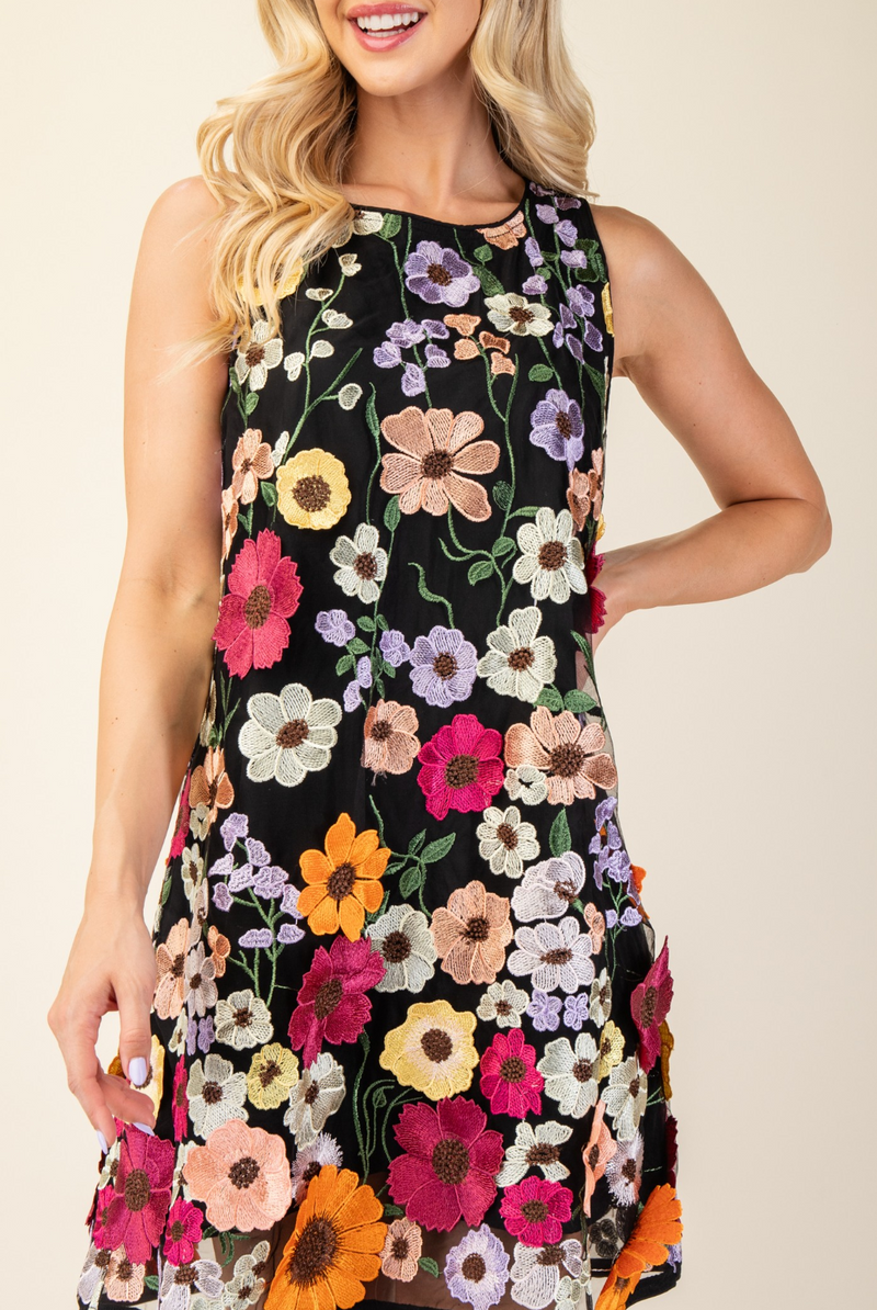 3D Floral Embroidered Sleeveless Mini Dress