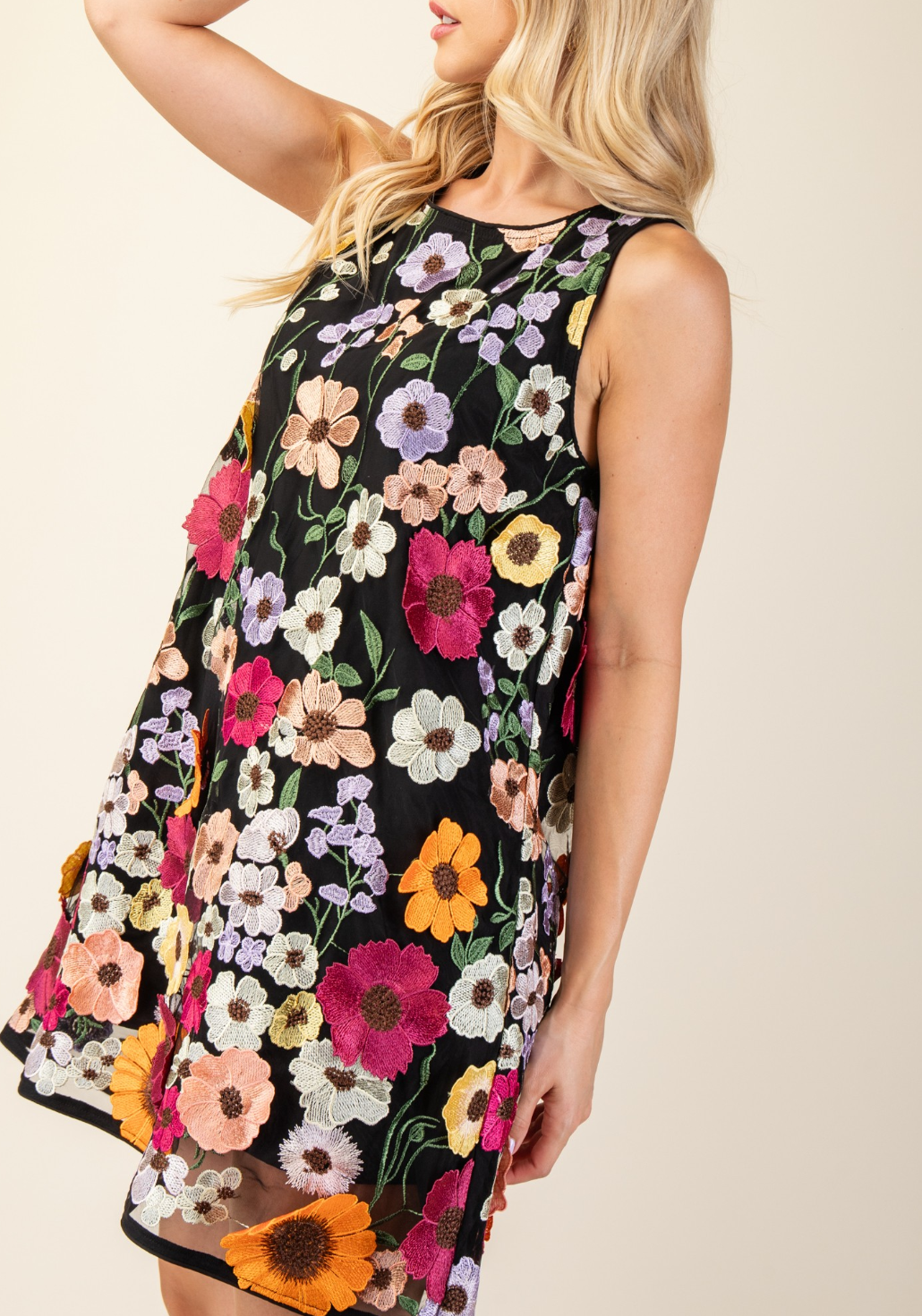 3D Floral Embroidered Sleeveless Mini Dress