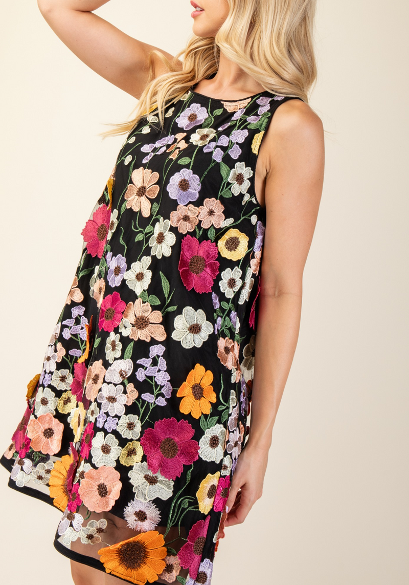 3D Floral Embroidered Sleeveless Mini Dress