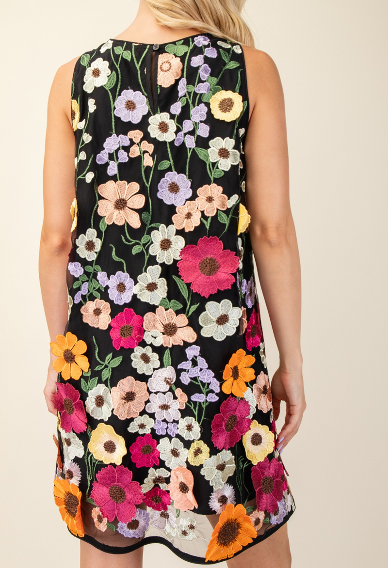 3D Floral Embroidered Sleeveless Mini Dress