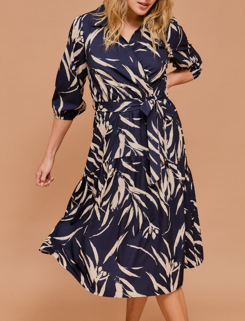 3/4 Sleeve Surplice Waist Elastic Tie Strap Abstract Midi Dress
