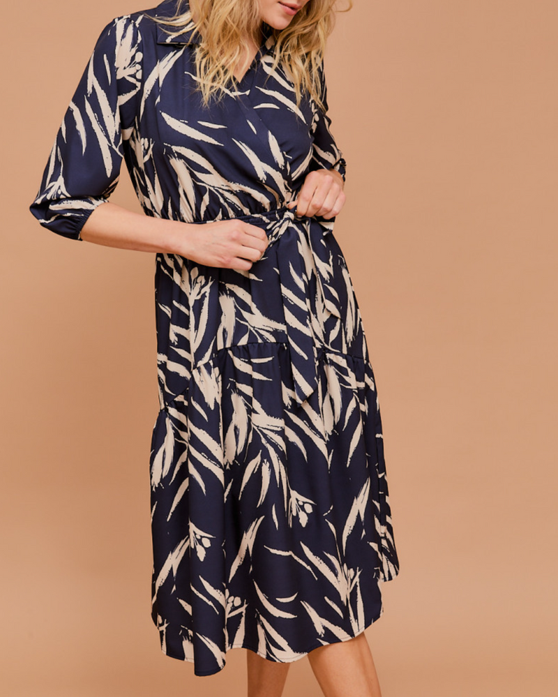 3/4 Sleeve Surplice Waist Elastic Tie Strap Abstract Midi Dress