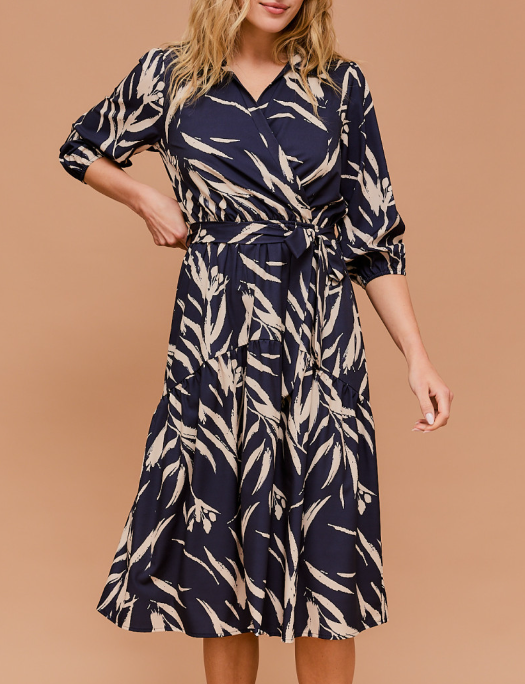 3/4 Sleeve Surplice Waist Elastic Tie Strap Abstract Midi Dress