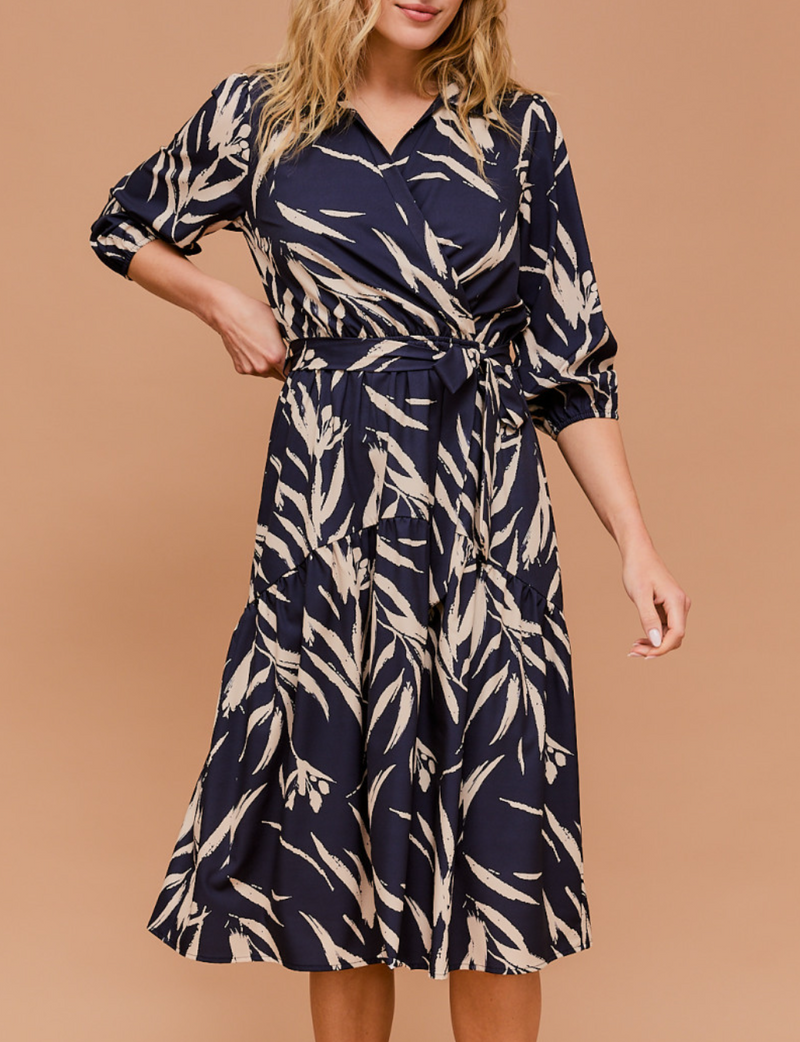 3/4 Sleeve Surplice Waist Elastic Tie Strap Abstract Midi Dress