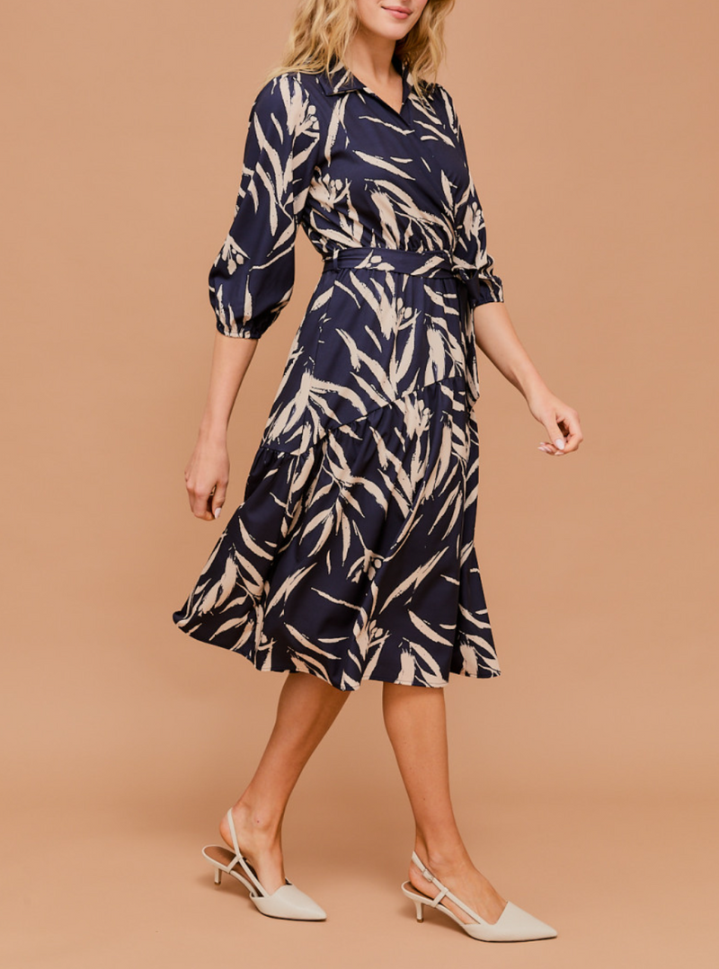 3/4 Sleeve Surplice Waist Elastic Tie Strap Abstract Midi Dress