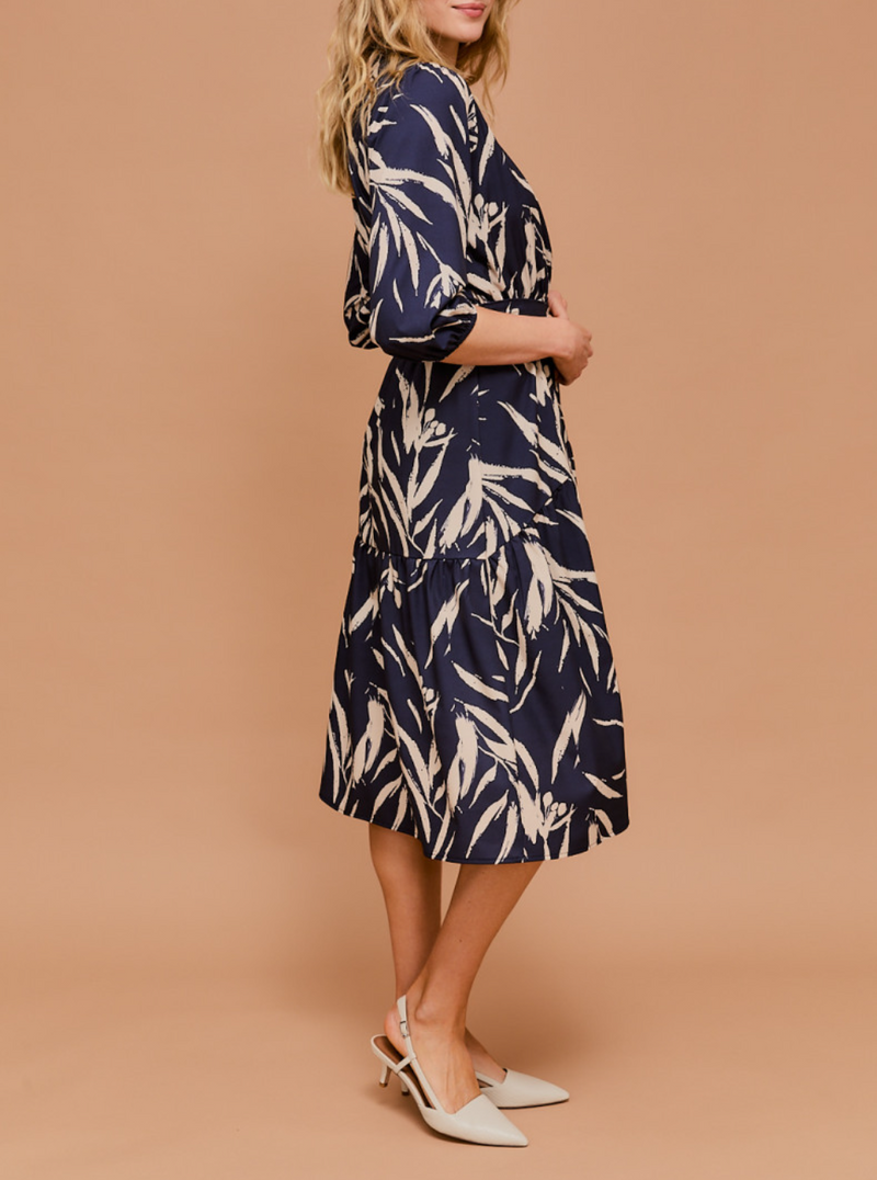 3/4 Sleeve Surplice Waist Elastic Tie Strap Abstract Midi Dress