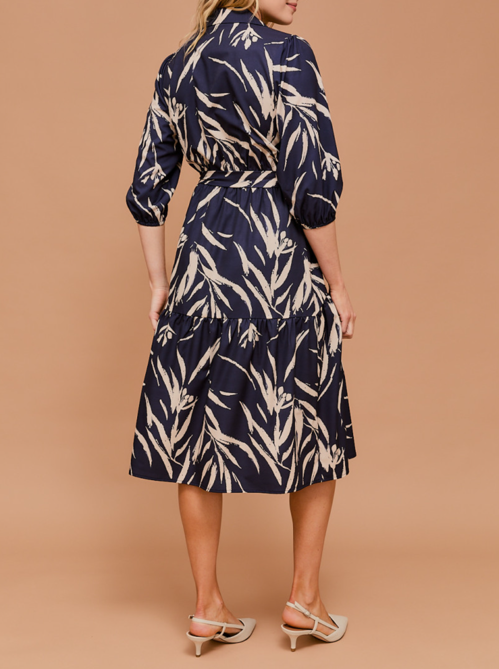 3/4 Sleeve Surplice Waist Elastic Tie Strap Abstract Midi Dress