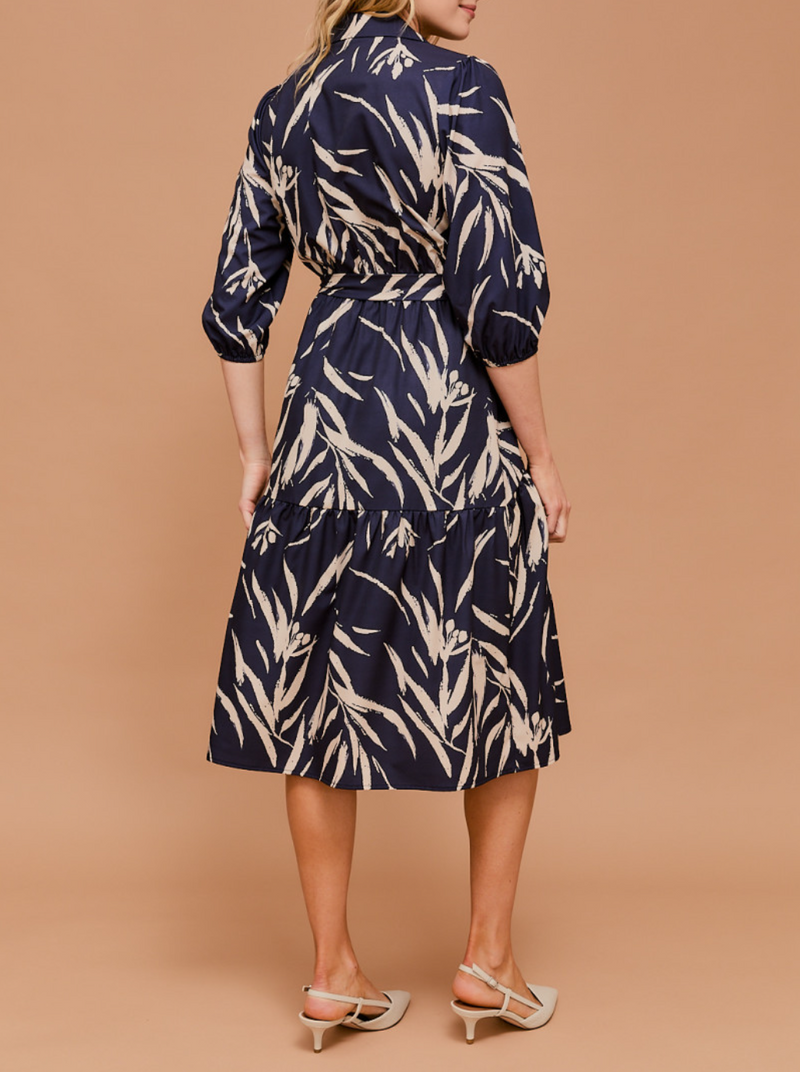 3/4 Sleeve Surplice Waist Elastic Tie Strap Abstract Midi Dress