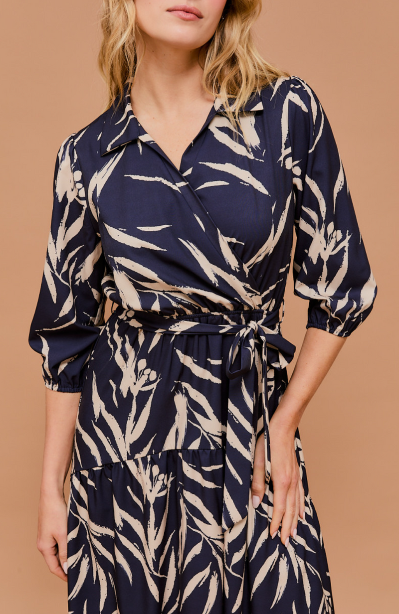 3/4 Sleeve Surplice Waist Elastic Tie Strap Abstract Midi Dress