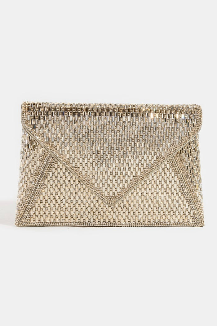 Studded Trim Full Rhinestone Envelope Hand Bag