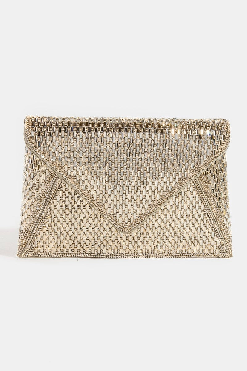 Studded Trim Full Rhinestone Envelope Hand Bag