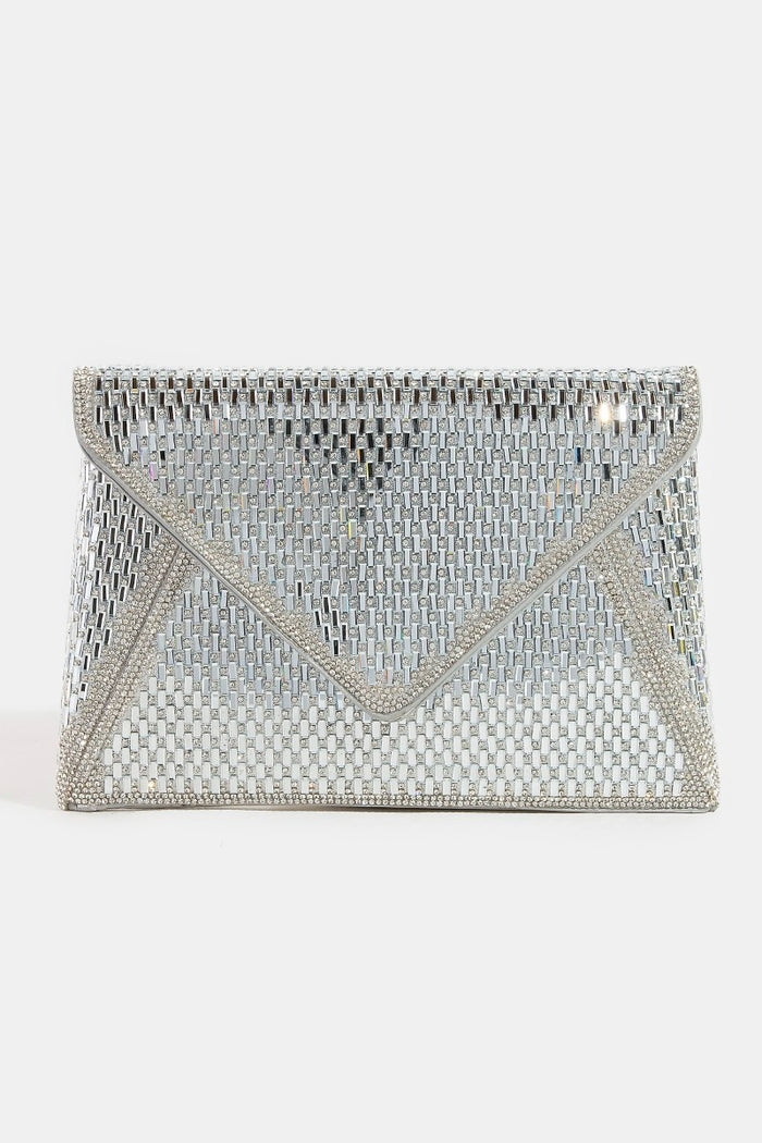 Studded Trim Full Rhinestone Envelope Hand Bag