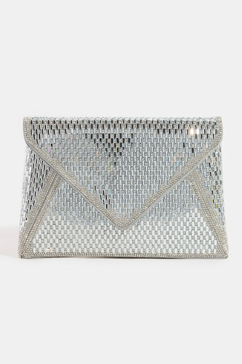 Studded Trim Full Rhinestone Envelope Hand Bag