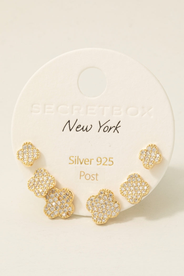 Secret Box Gold Dipped Cz Pave Clover Stud Earrings Set