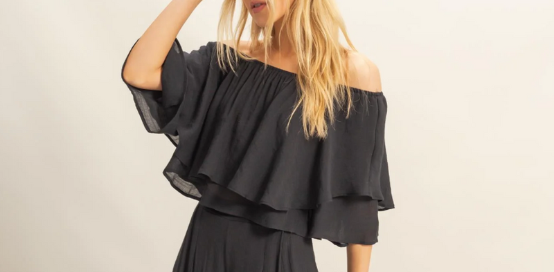 Off-the-Shoulder Blouse and Pants Set-Blouse